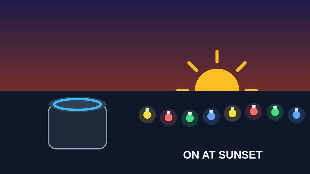Illustration of a smart speaker and a string of Christmas lights at sunset
