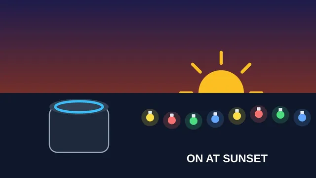 Illustration of a smart speaker and a string of Christmas lights at sunset