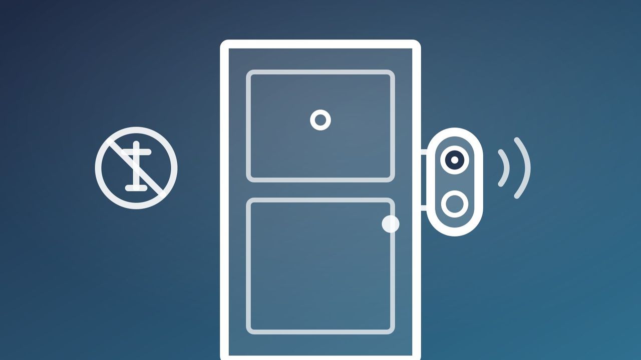 Illustration of an apartment door with a video doorbell attached without screws
