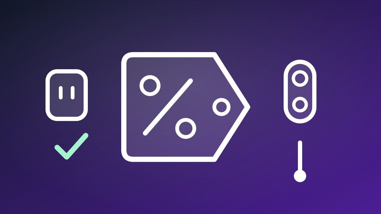 Illustration of a shopping tag with a smart plug, video doorbell and thermometer icons