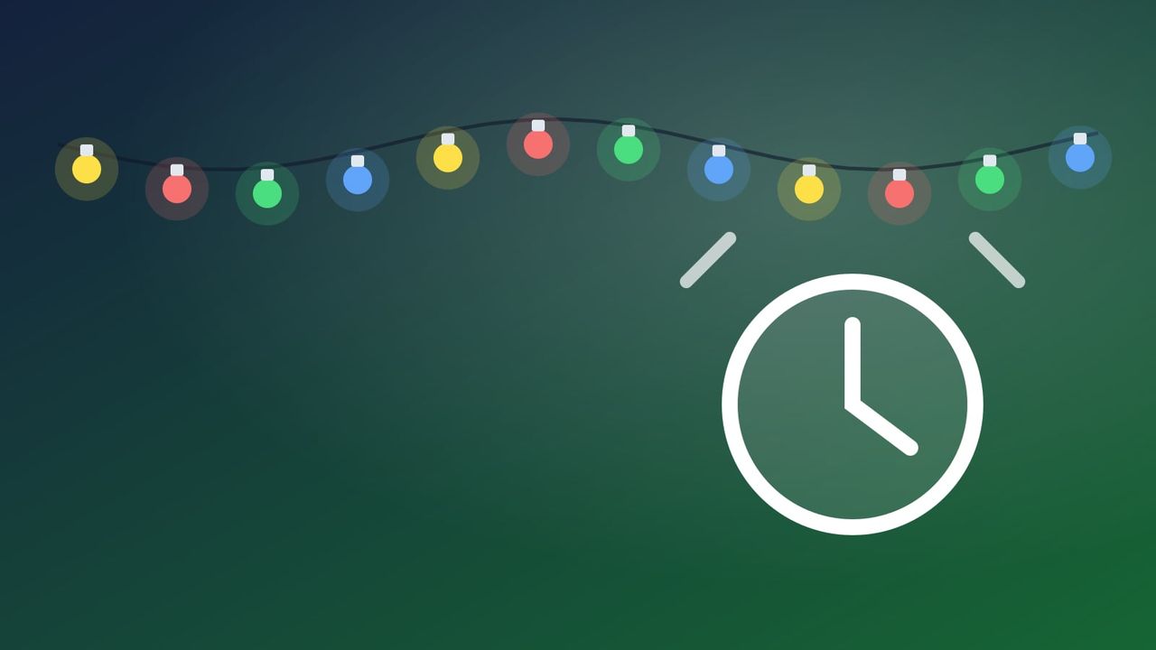 Illustration of holiday string lights above a timer clock