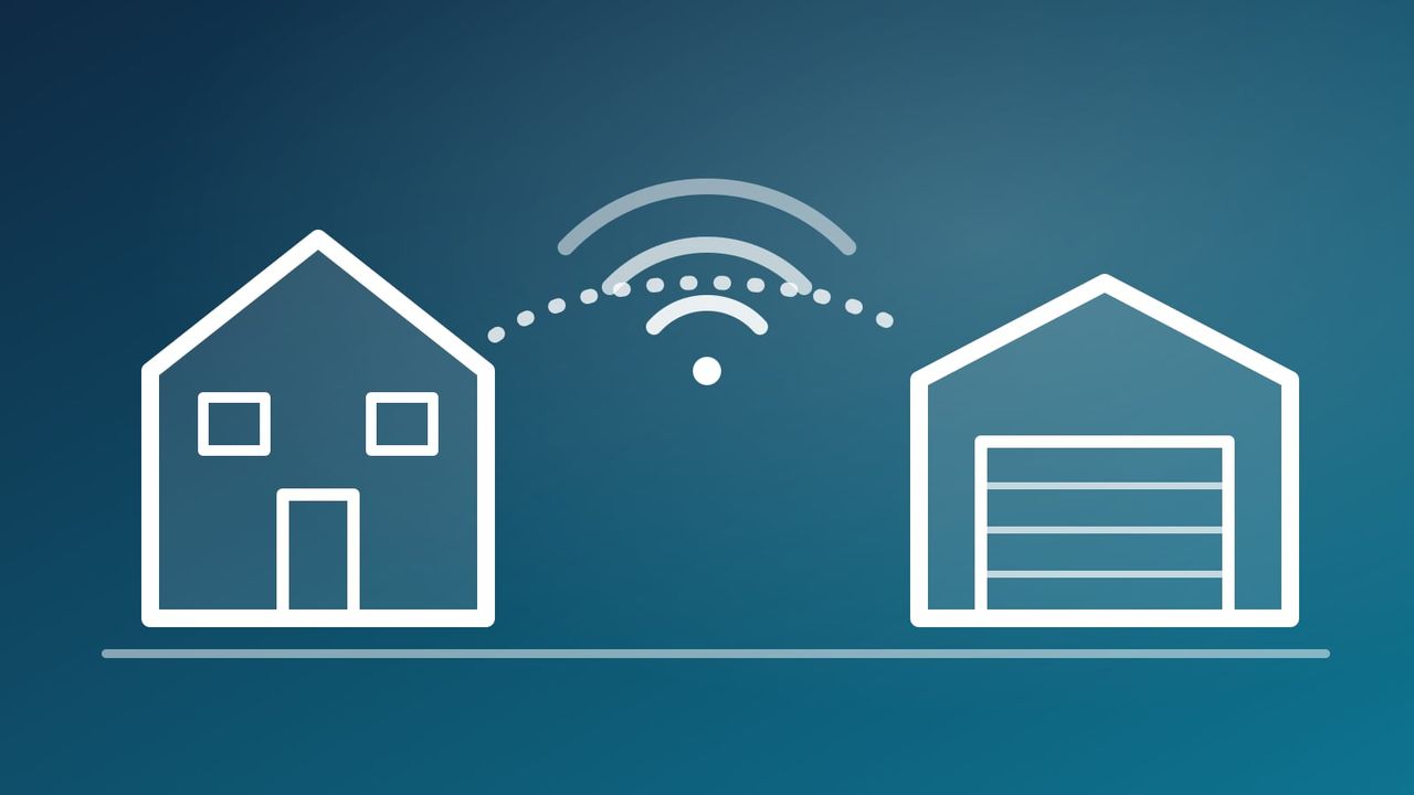 Illustration of a house sending a Wi-Fi signal to a detached garage