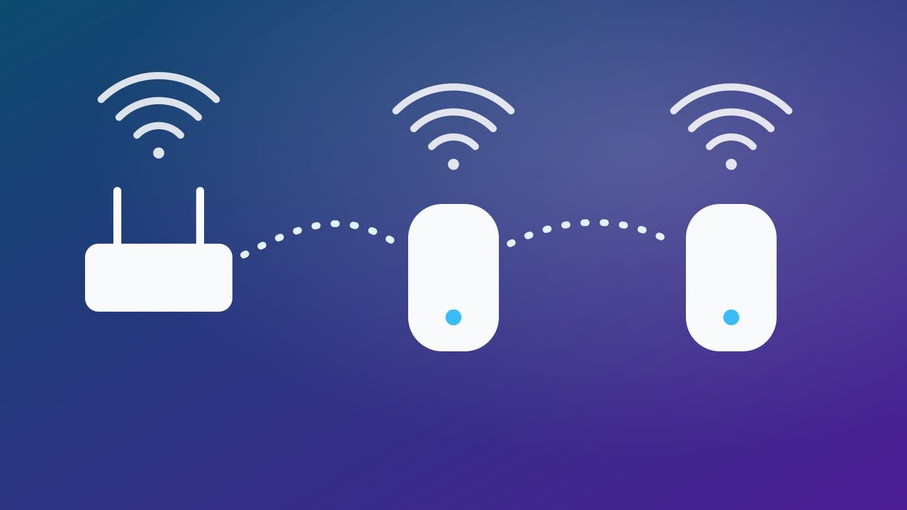 Illustration of a router connected wirelessly to two mesh Wi-Fi nodes