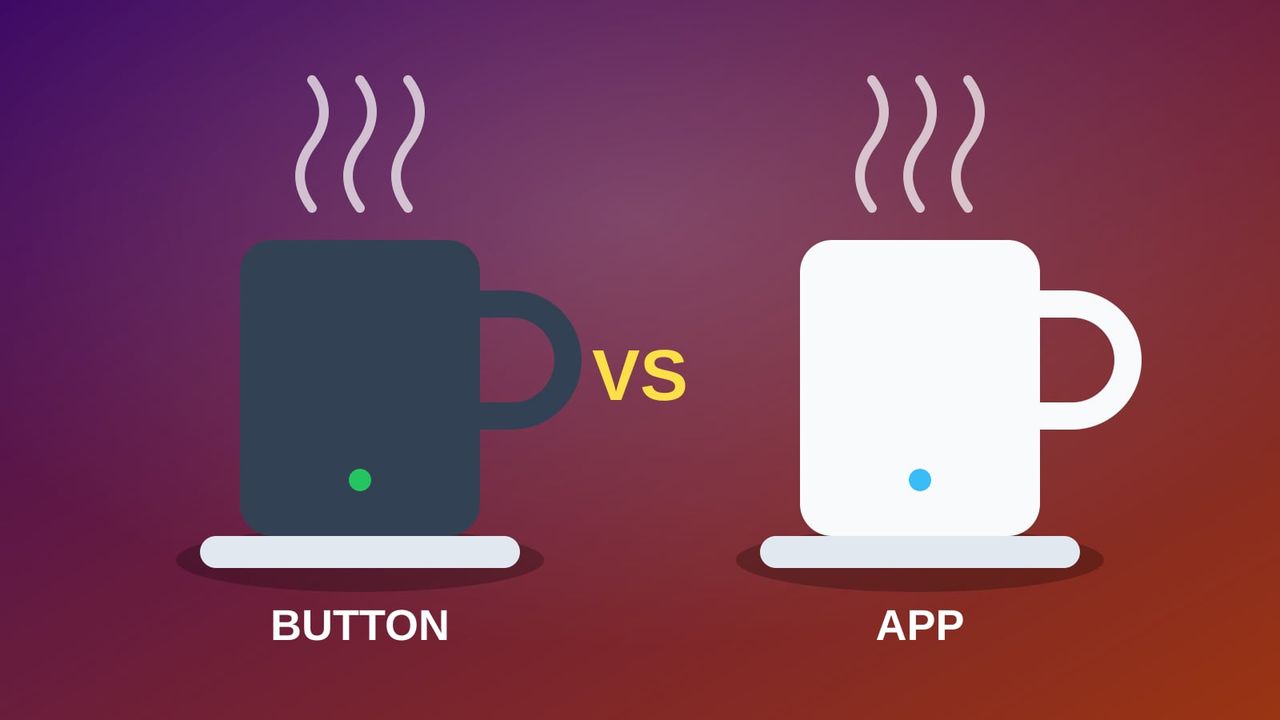 Illustration of two heated coffee mugs side by side, one with a button and one controlled by an app