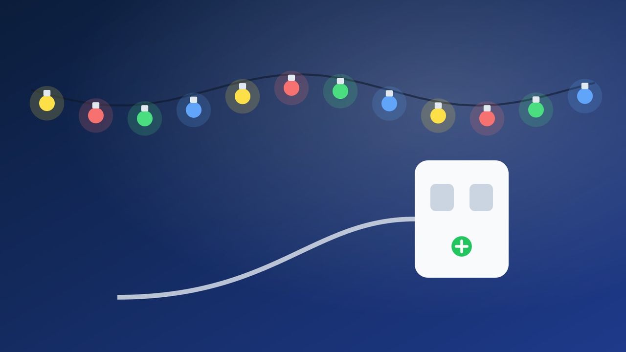 Illustration of colorful string lights connected to an outdoor smart plug