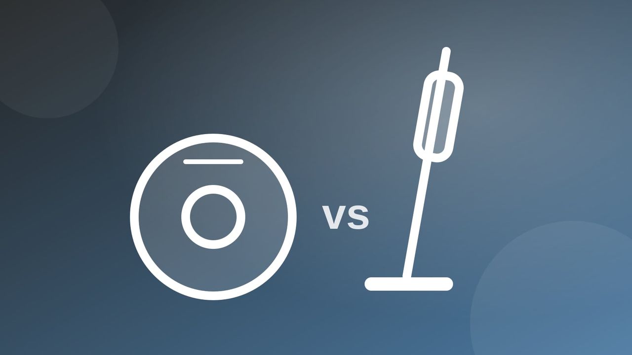 Illustration comparing a round robot vacuum with a cordless stick vacuum