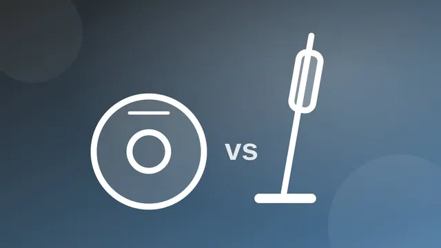 Illustration comparing a round robot vacuum with a cordless stick vacuum