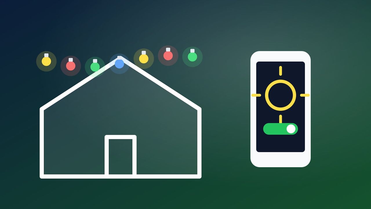 Illustration of a house outlined in Christmas lights next to a phone with a sunset schedule switched on