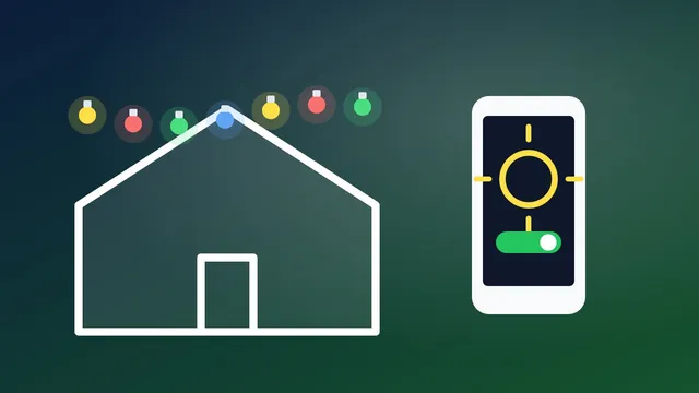 Illustration of a house outlined in Christmas lights next to a phone with a sunset schedule switched on