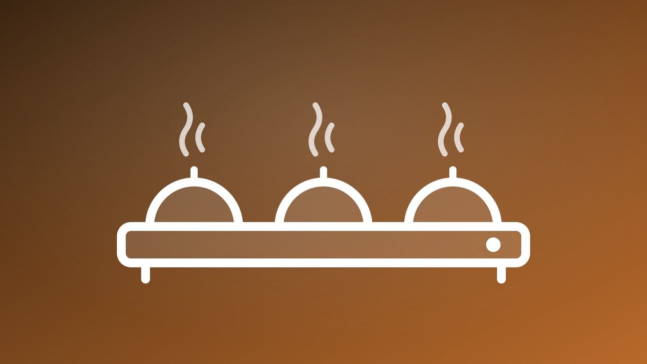 Illustration of an electric warming tray holding three covered dishes with steam rising