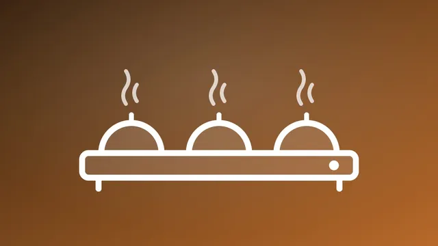 Illustration of an electric warming tray holding three covered dishes with steam rising
