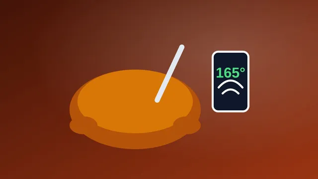 Illustration of a roast turkey with a wireless probe and a phone showing 165 degrees