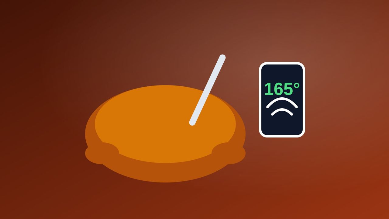 Illustration of a roast turkey with a wireless probe and a phone showing 165 degrees